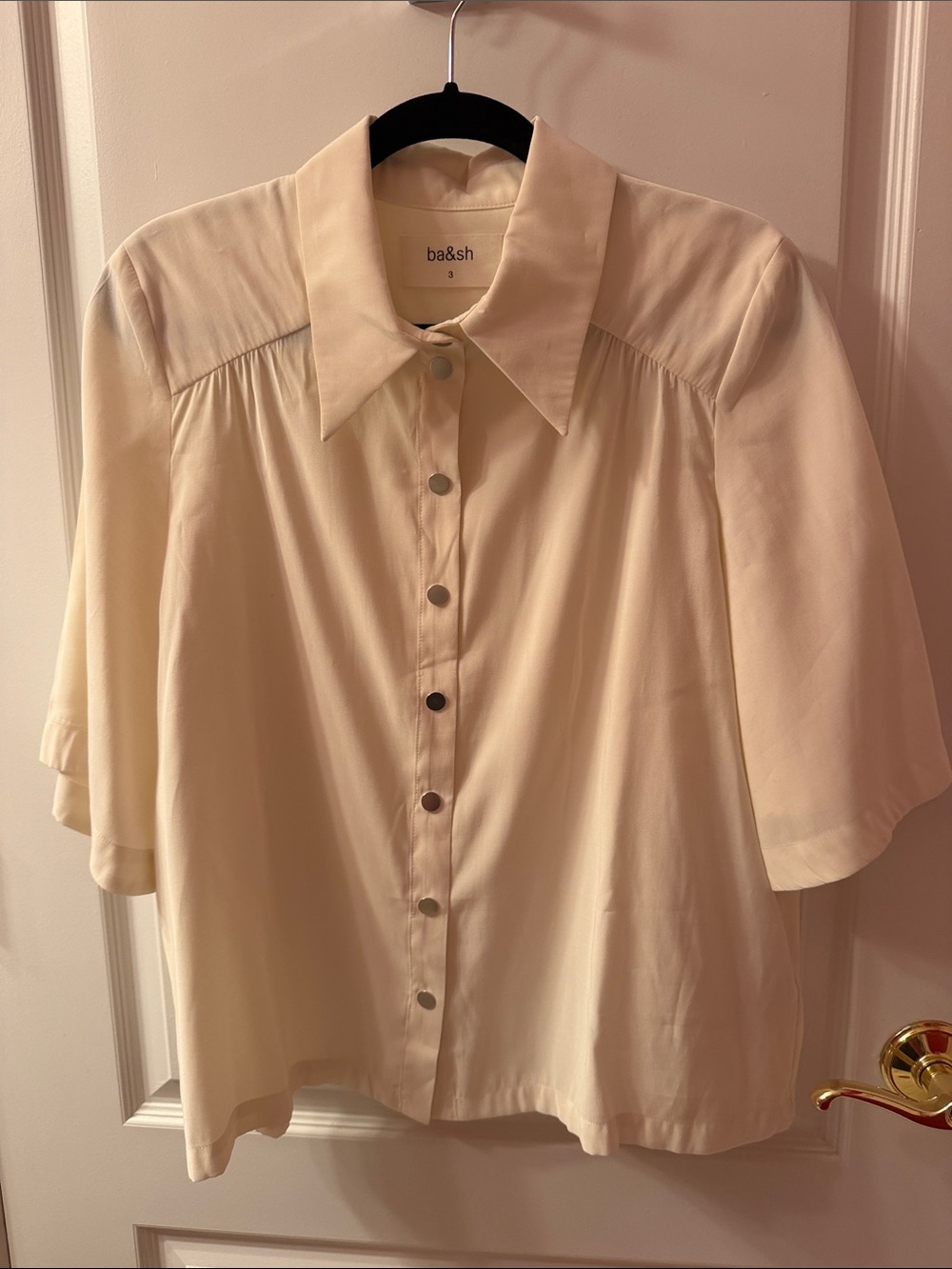 ba&sh Cream Snap-Front Short Sleeve Blouse
